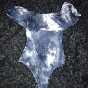 blue and white tie dye bodysuit
